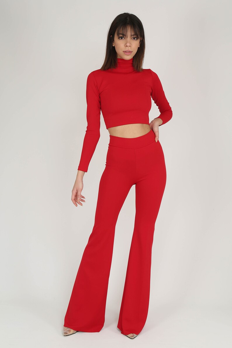 Red High Waist Bell Bottoms Pants and Top Settwo Piece Set - Etsy