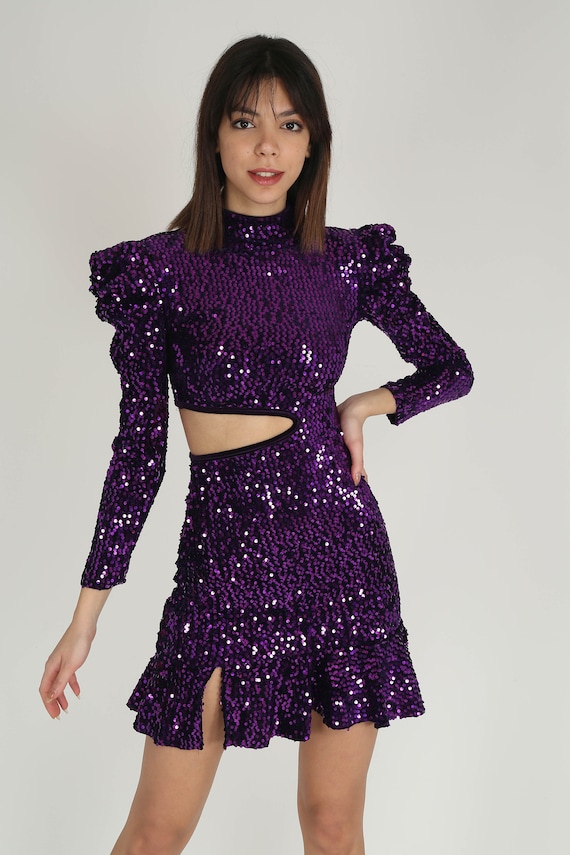 chinese dress ladies Mac Duggal Women's Long Sleeve Sequin Ballgown with 3D Flower - Purple - Size 14 main image 1