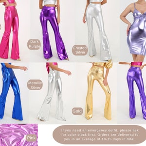 May include: A collage of images showcasing different colors of metallic pants and a dress. The colors include fuchsia, dark purple, frosted silver, lilac, blue, metallic silver, gold, pink, and purple.