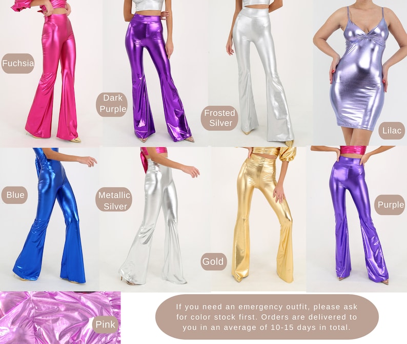 May include: A collage of images showcasing different colors of metallic pants and a dress. The colors include fuchsia, dark purple, frosted silver, lilac, blue, metallic silver, gold, pink, and purple.
