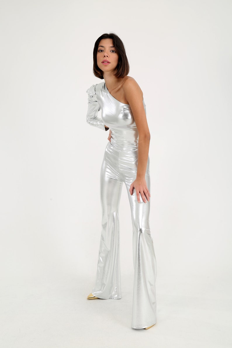 Party Outfit, Metallic Silver Disco Jumpsuit, Cold Shoulder Party Jumpsuit, 1970s Style Outfit, Studio 54 Outfit image 4