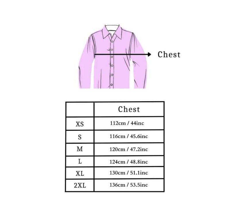 K&ouml;nnte beinhalten: Ein hellviolettes Button-Down-Hemd mit einer Brustumfang-Messanleitung. Die Anleitung zeigt Brustgr&ouml;&szlig;en von XS (112 cm) bis 2XL (136 cm). Das Hemd wird mit einem Messpfeil auf den Brustbereich gezeigt.
