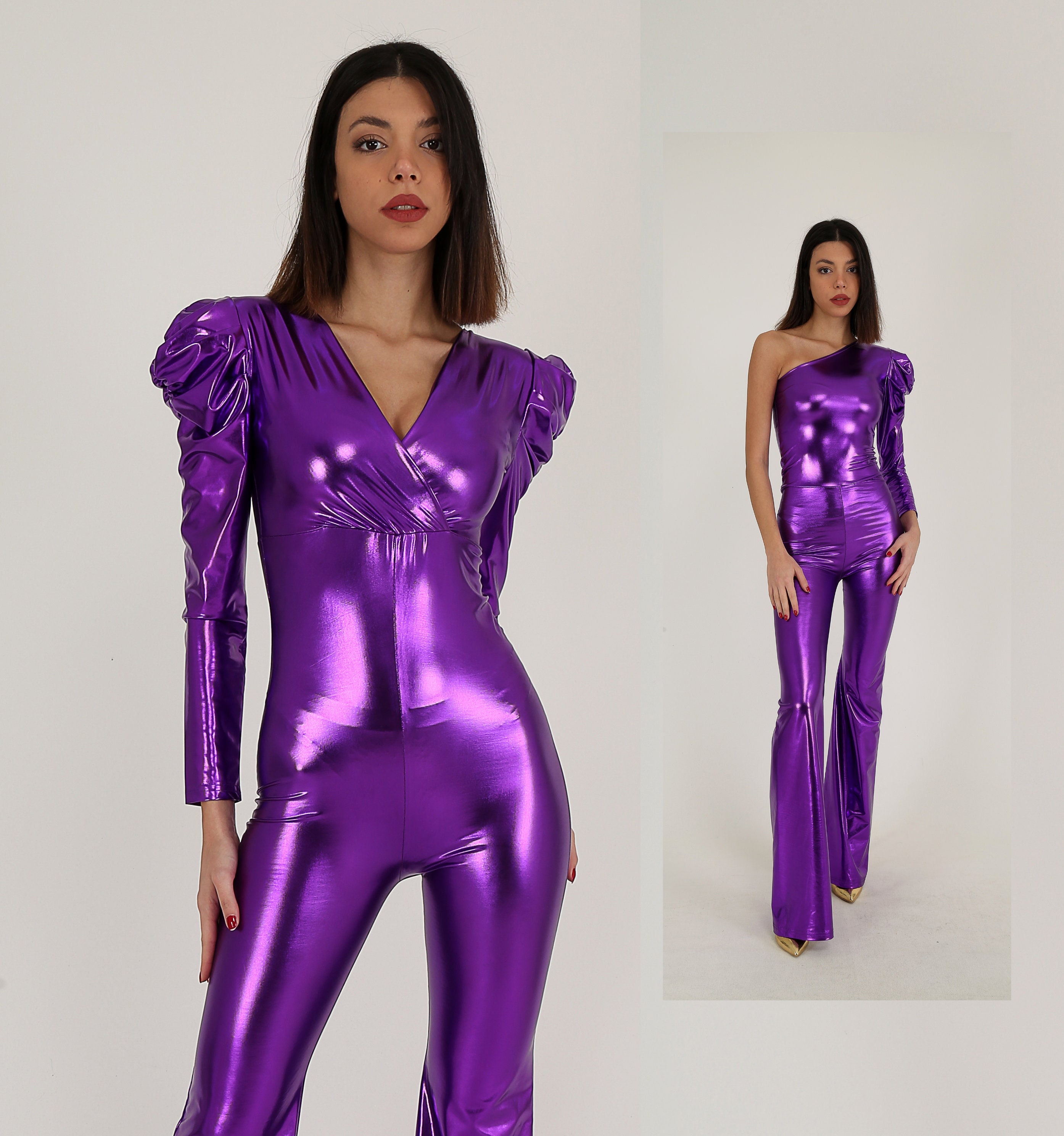 Purple Cold Shoulder Jumpsuit Metallic Disco Bell Bottoms Gigot