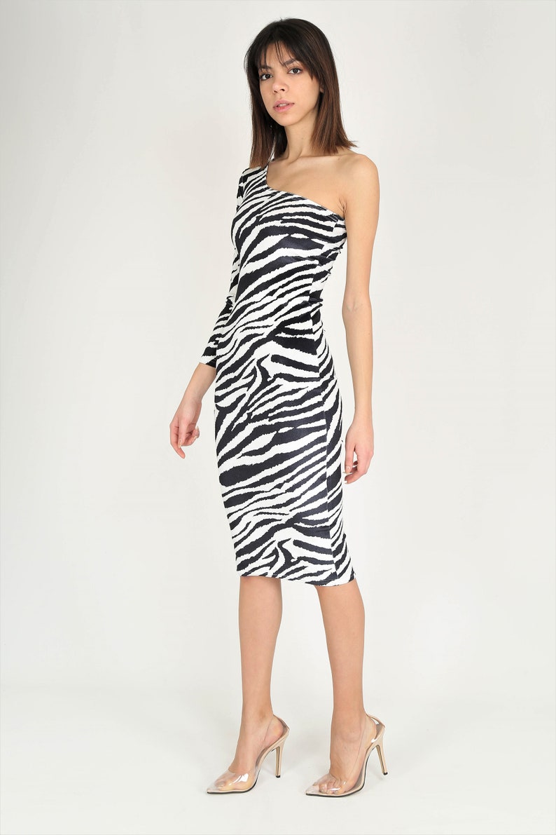 Elegant Pencil Dress,One Shoulder Dress,Velvet Zebra Dress image 4