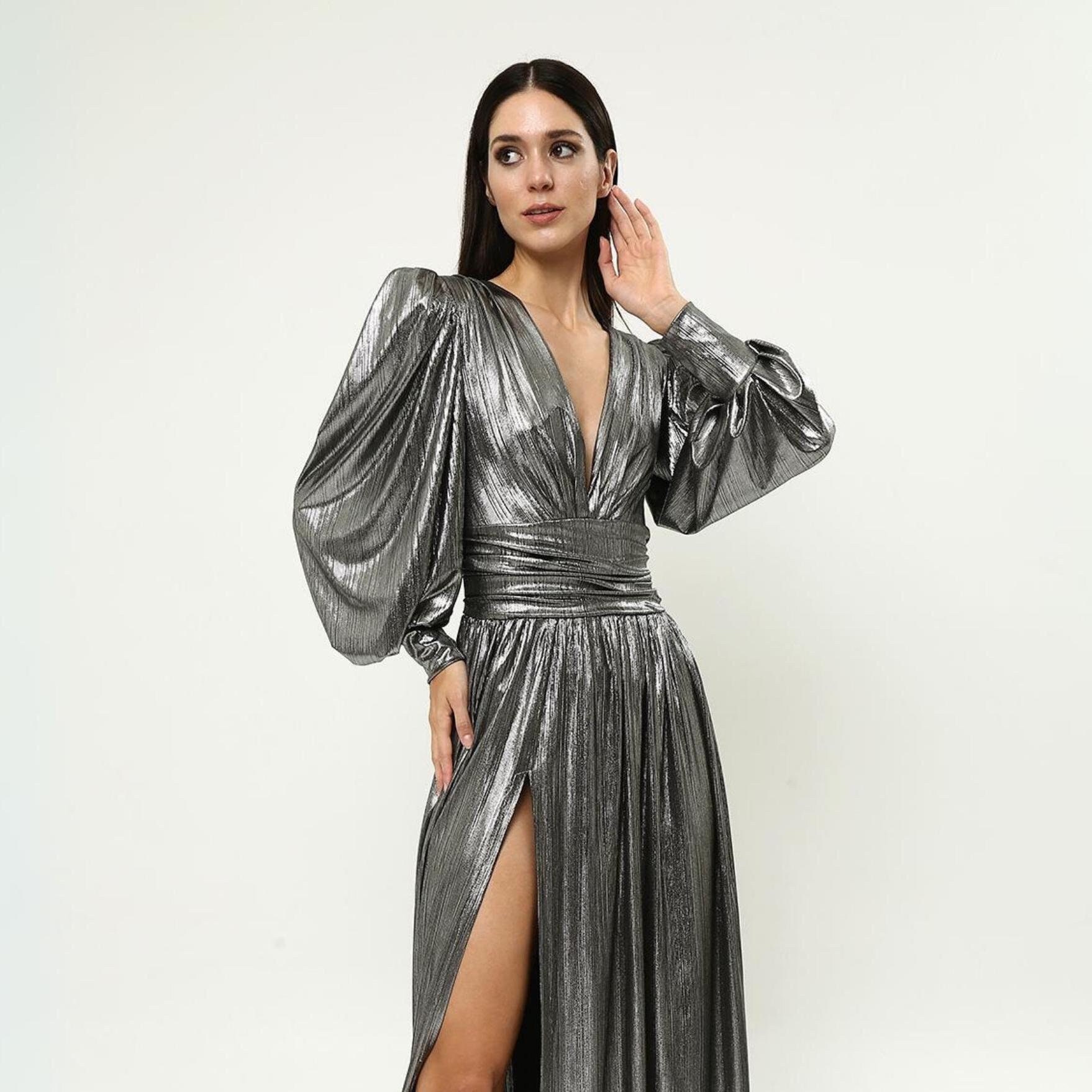 sachin and babi light blue dress METALLIC SILVER BODYCON FRINGE DRESS