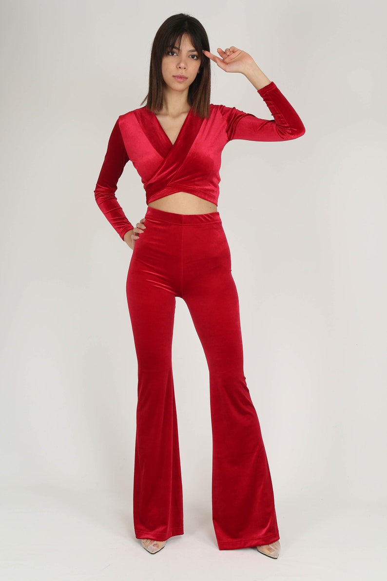 Red Velvet Pants-Red Tie Up Blouse,2 Piece Set,Boho Hippie Pants image 6