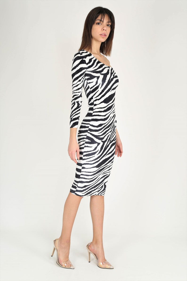 Elegant Pencil Dress,One Shoulder Dress,Velvet Zebra Dress image 2