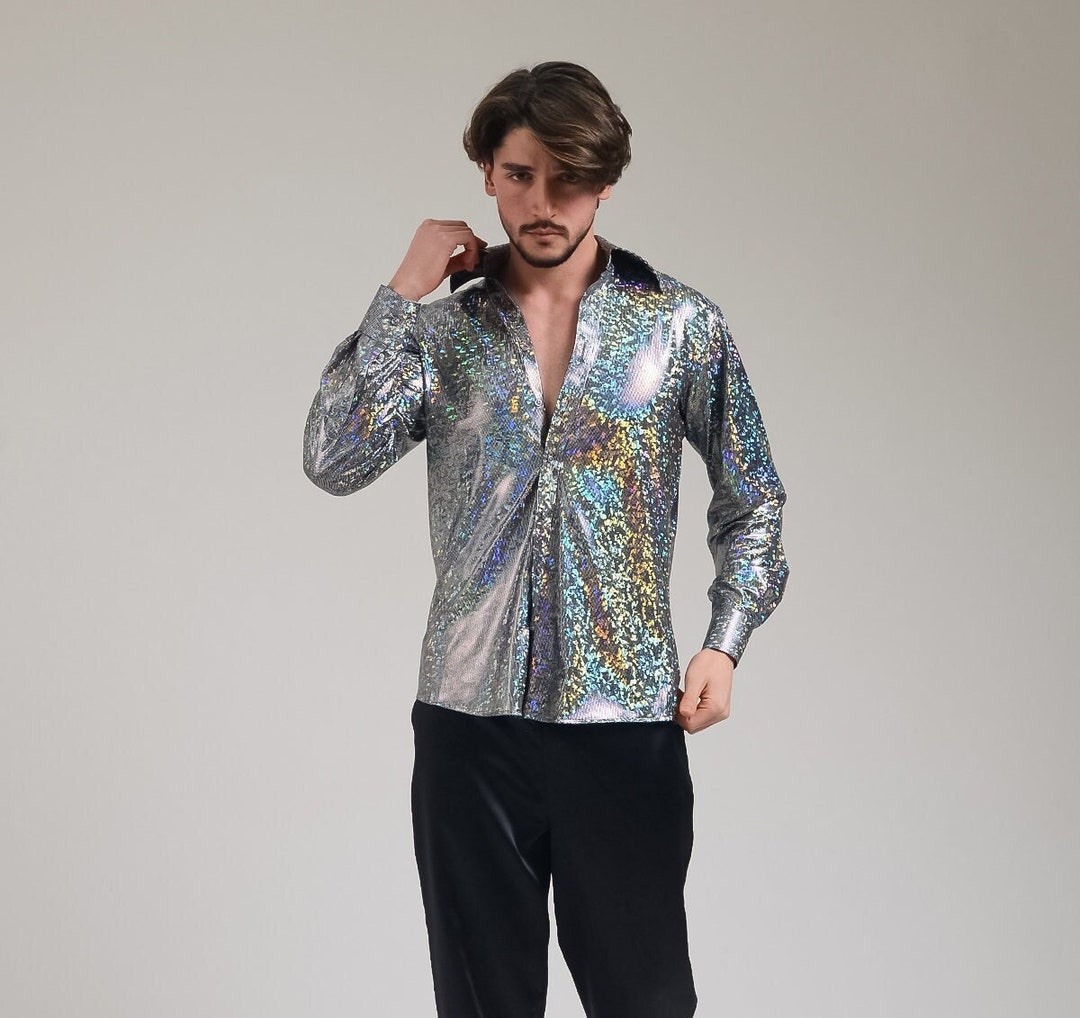 Maglietta da uomo stile disco anni '70, maglietta olografica da