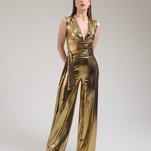 Gold Wide Leg Jumpsuit, Bright Studio 54 Outfit, Noble Jumpsuit, Party Clothes For Spouses, Deep V Design Jumpsuit, Receptions Guest Dress Sleeveless