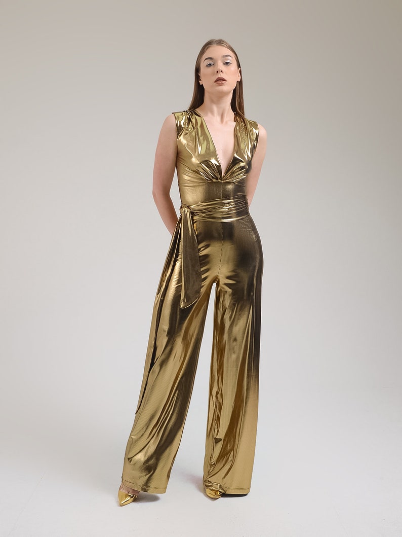 Gold Wide Leg Jumpsuit, Bright Studio 54 Outfit, Noble Jumpsuit, Party Clothes For Spouses, Deep V Design Jumpsuit, Receptions Guest Dress Sleeveless