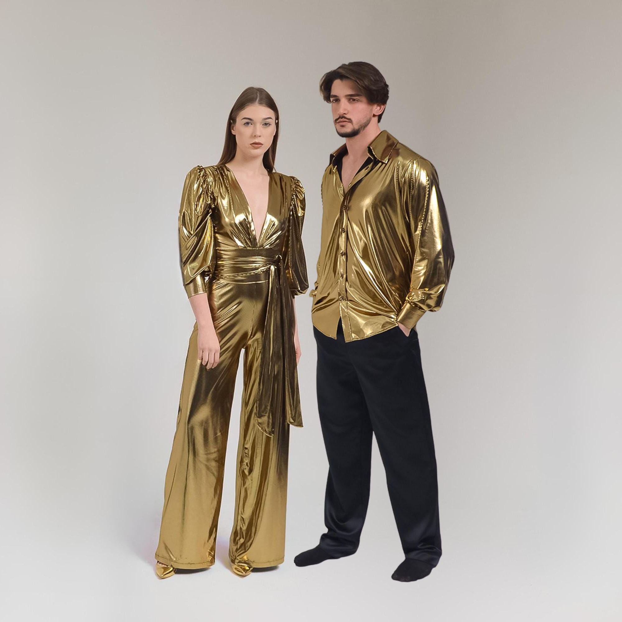 Gold Matching Couples Disco Outfit, 70s Party Aba Costume, Studio 54 Jumpsuit - Shirt Men, His and Hers Outfits, Retro Anniversary Clothes