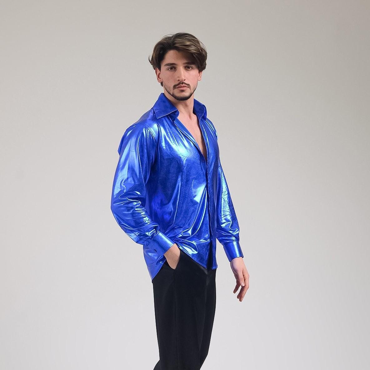 1970s Metallic Man Shirt, Blue Disco Shirt, Studio 54 Man Outfit, Burning Man Costume, Matching Outfit, Mardi Gras Outfit