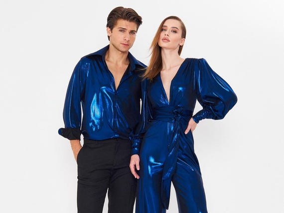 Blue Matching Couples Outfit, Studio 54 Jumpsuit, Metallic Shirt Men, 70s Disco Party Costume, His and Hers, New Year's Eve Dress Blue Matching Couples Outfit, Studio 54 Jumpsuit, Metallic Shirt Men, 70s Disco Party Costume, His and Hers, New Year's Eve Dress