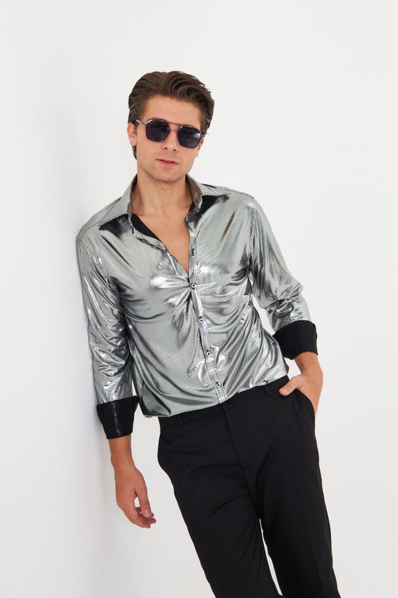 Silver Metallic Disco Shirt Men - 70s Studio 54 Party Top, Rave Festival Burning Man Outfit, Shiny Dance Stage Performance Costume