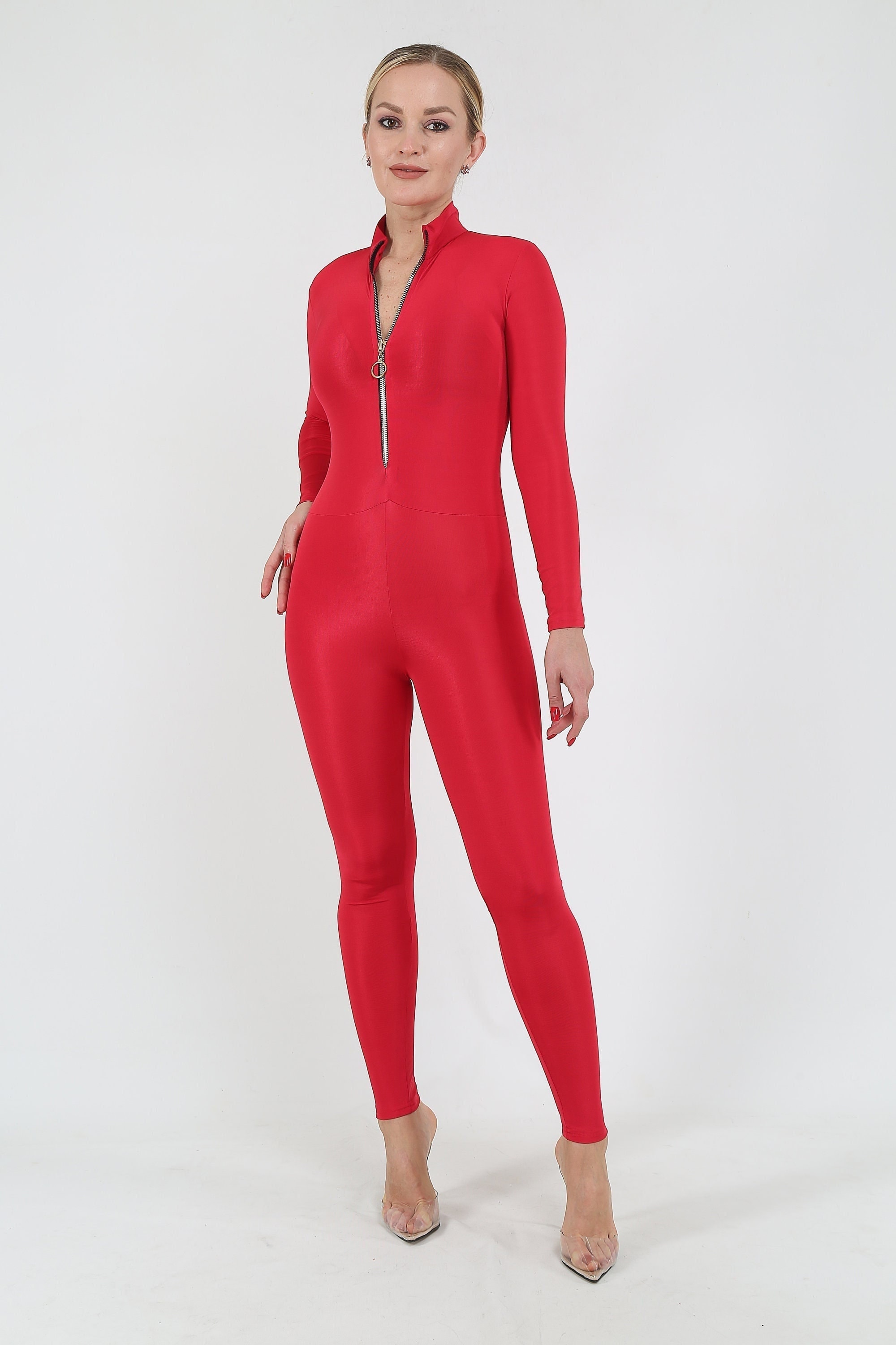 Red Zippered Catsuit ,lycra Body Suit, Bodycon Jumpsuit, Holiday