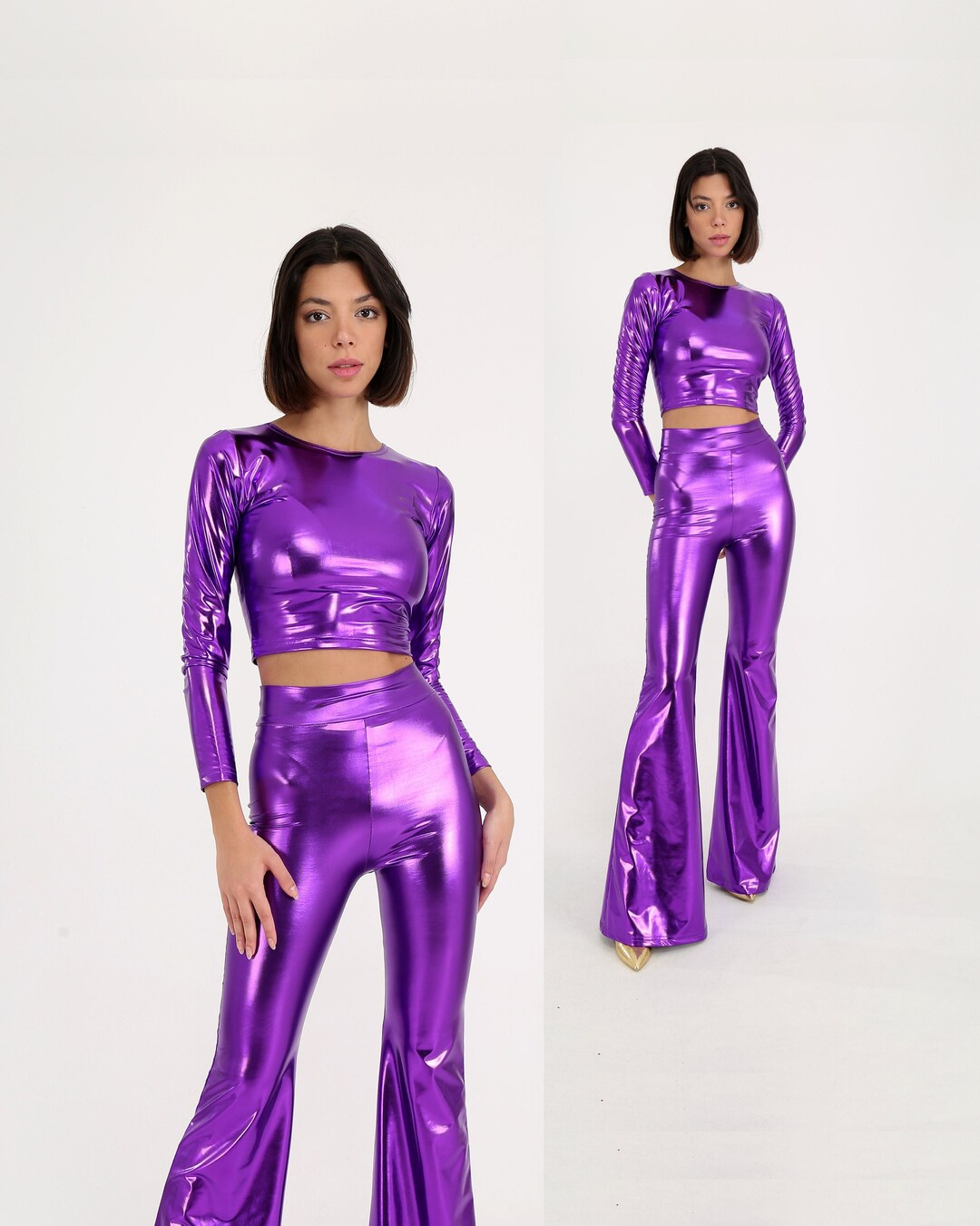 Purple Bell Bottoms Pants, Shiny Metallic Flare, Festival Pants