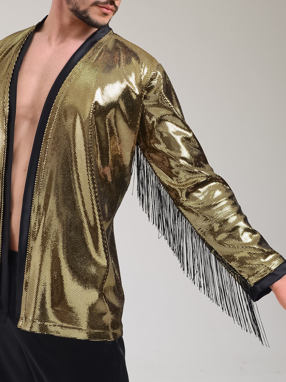 Men's Gold Jacket, Men's Stage Costume, Burningman Outfit, Men's Fringed  Jacket, Rave Jacket, Festival Jacket, Shiny Kimono - Etsy