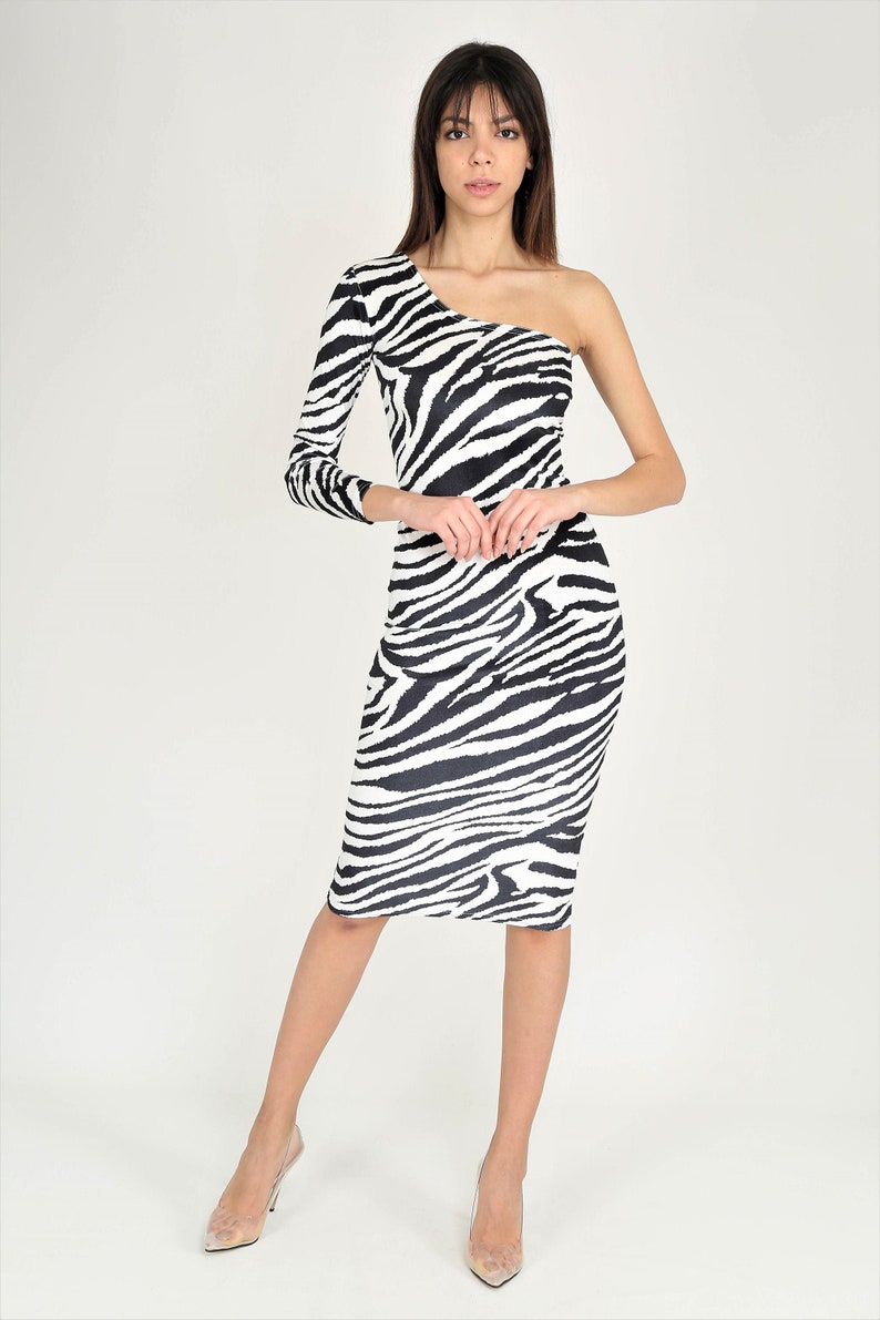 Elegant Pencil Dress,One Shoulder Dress,Velvet Zebra Dress image 1