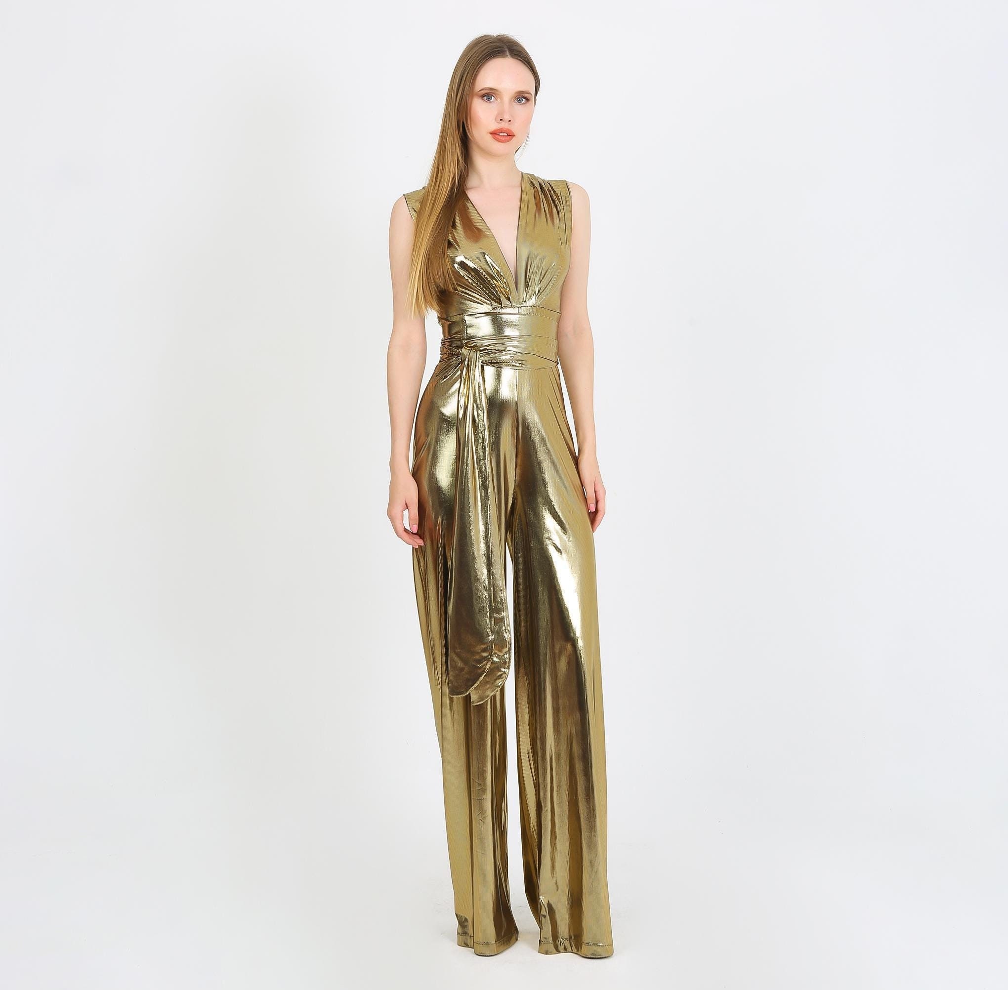 Gouden jumpsuit met wijde pijpen, mouwloze disco-outfit, jaren 70 aba-kostuum, diepe V, jaren 80 galajurk, studio 54 disco-outfit, nobele jumpsuit