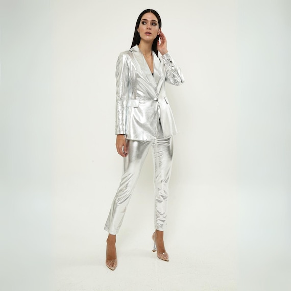 Metallic silver blazer womens sales