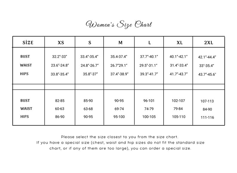 May include: A size chart for women's clothing with measurements in inches and centimeters. The chart lists sizes from XS to 2XL and includes bust, waist, and hip measurements.