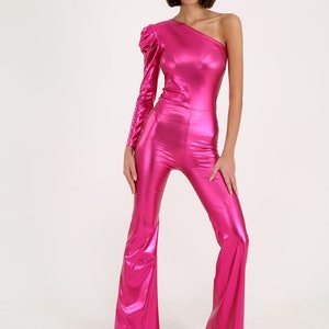 Party Outfit, Metallic Silver Disco Jumpsuit, Cold Shoulder Party Jumpsuit, 1970s Style Outfit, Studio 54 Outfit image 5