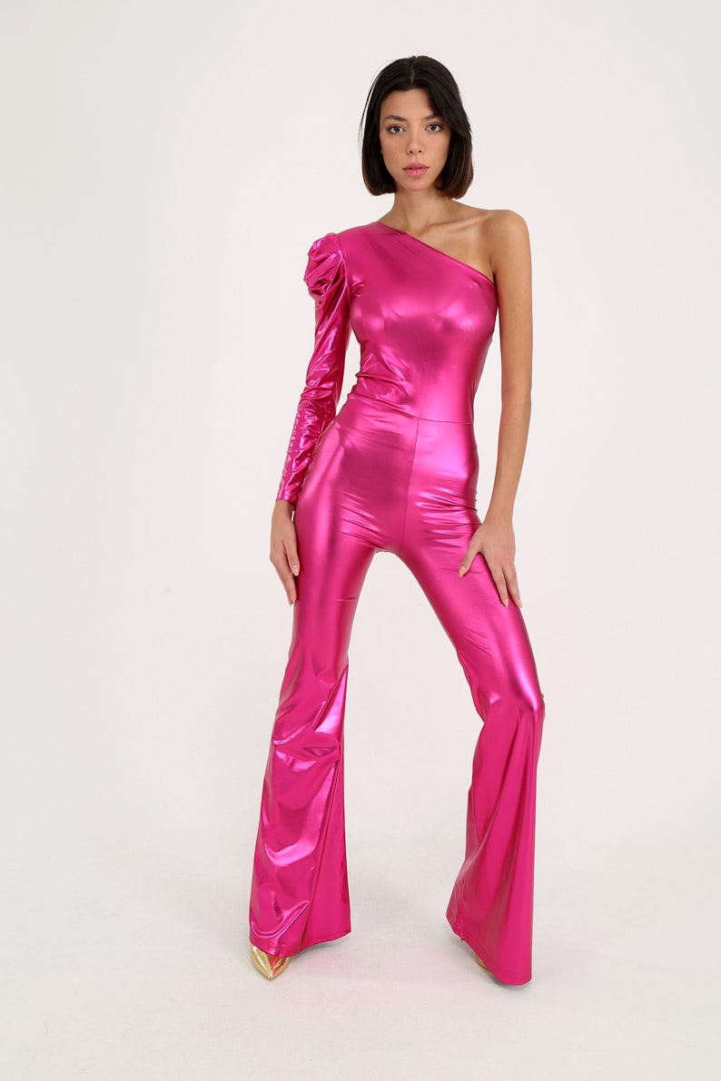 Party Outfit, Metallic Silver Disco Jumpsuit, Cold Shoulder Party Jumpsuit, 1970s Style Outfit, Studio 54 Outfit image 5