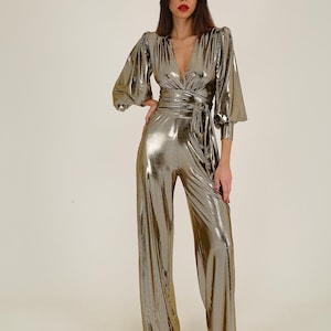 Gold Wide Leg Jumpsuit, Bright Studio 54 Outfit, Noble Jumpsuit, Party Clothes For Spouses, Deep V Design Jumpsuit, Receptions Guest Dress image 7