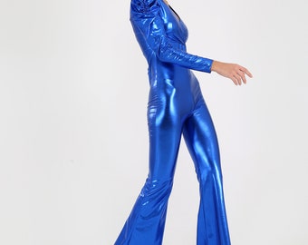 Metallic Blue Jumpsuit, 70s Aba Costume, Long Sleeve, Flared Legs, 80s Party Outfit, Studio54 Bell Bottom Jumpsuit, Disco Queen Costume