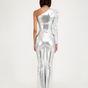 Party Outfit, Metallic Silver Disco Jumpsuit, Cold Shoulder Party Jumpsuit, 1970s Style Outfit, Studio 54 Outfit image 10