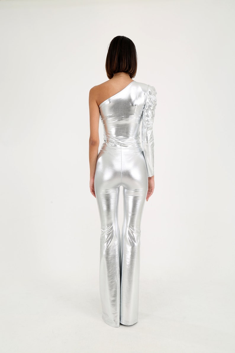 Party Outfit, Metallic Silver Disco Jumpsuit, Cold Shoulder Party Jumpsuit, 1970s Style Outfit, Studio 54 Outfit image 10