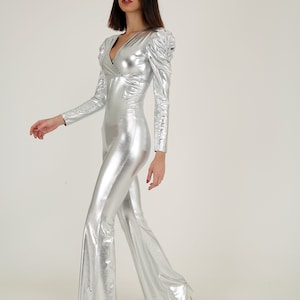 Party Outfit, Metallic Silver Disco Jumpsuit, Cold Shoulder Party Jumpsuit, 1970s Style Outfit, Studio 54 Outfit image 6