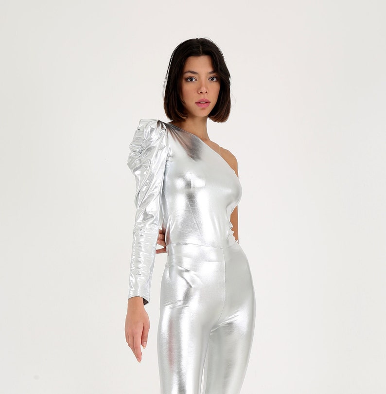 Party Outfit, Metallic Silver Disco Jumpsuit, Cold Shoulder Party Jumpsuit, 1970s Style Outfit, Studio 54 Outfit image 9