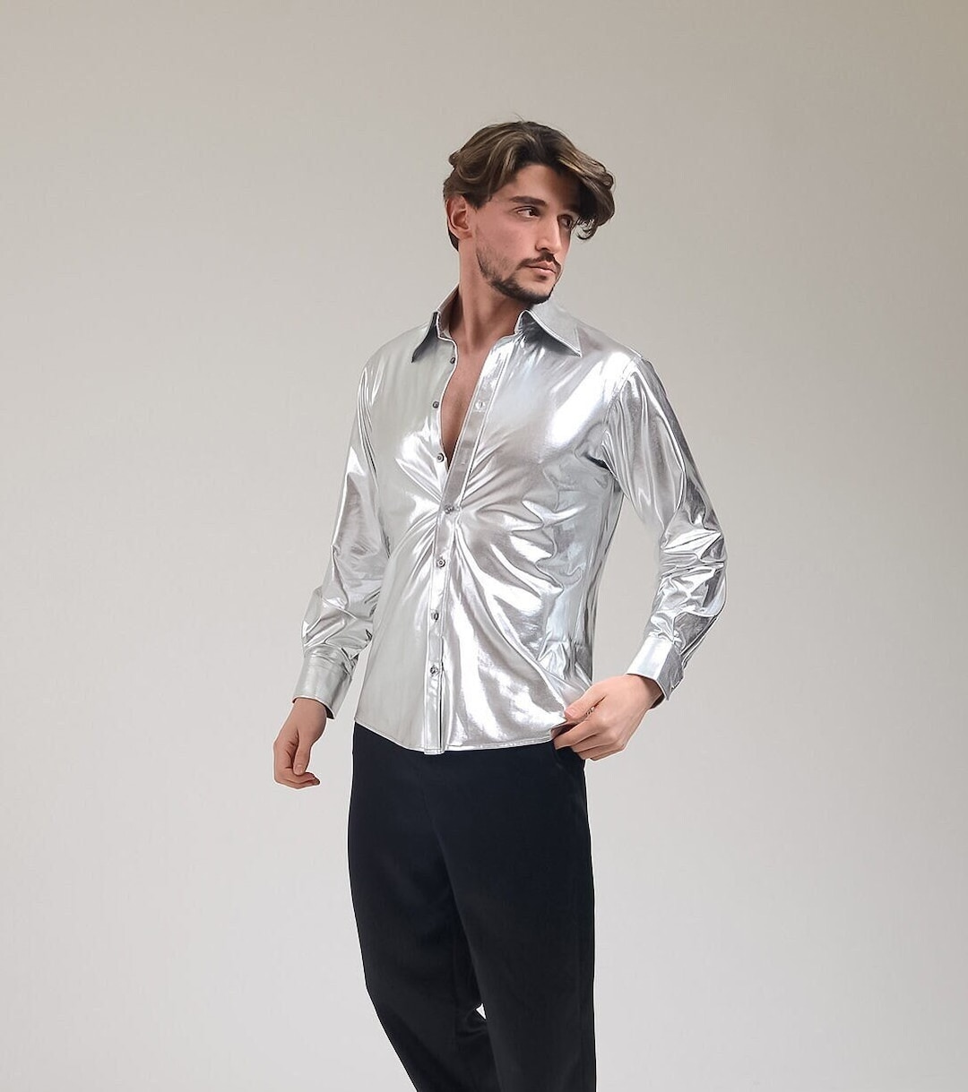 Camicia da uomo metallizzata anni '70, camicia da discoteca