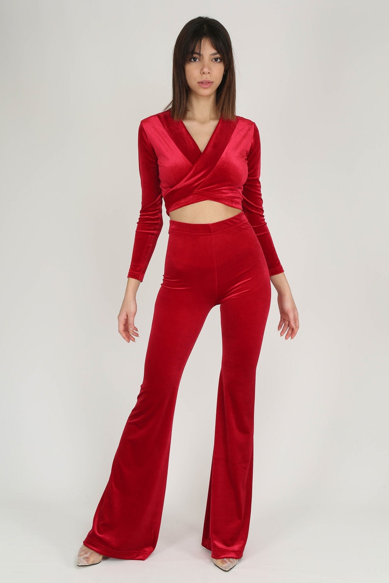 Red Velvet Pants-Red Tie Up Blouse,2 Piece Set,Boho Hippie Pants image 2