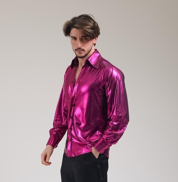 70s Hot Pink Man's Disco Shirt, Fuchsia Studio 54 Outfit, Men's