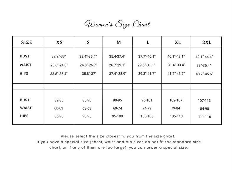 May include: A size chart for women's clothing with measurements in inches and centimeters. The chart lists sizes from XS to 2XL and includes bust, waist, and hip measurements.