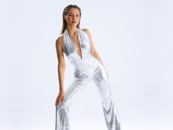 Backless Silver Sequined Jumpsuit, New Year's Eve Sparkly Cocktail Outfit,  Halter Neck Plunge Evening Style, 70s Disco Party Outfit - Etsy