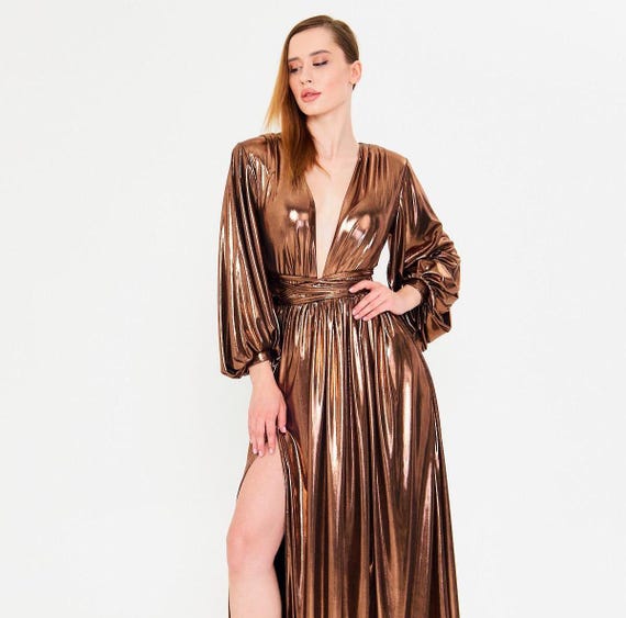 Copper Goddess Maxi Dress, Backless Deep V Evening Gown, New Year's Eve  High Slit Long Sleeve Cocktail & Party Dress - Etsy