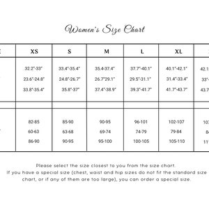 May include: A size chart for women's clothing with measurements in inches and centimeters. The chart lists sizes from XS to 2XL and includes bust, waist, and hip measurements.