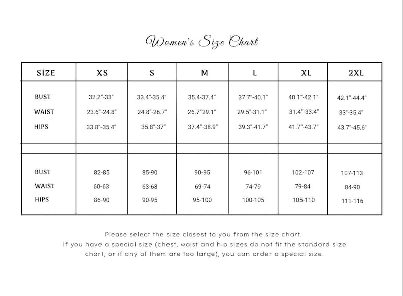 May include: A size chart for women's clothing with measurements in inches and centimeters. The chart lists sizes from XS to 2XL and includes bust, waist, and hip measurements.