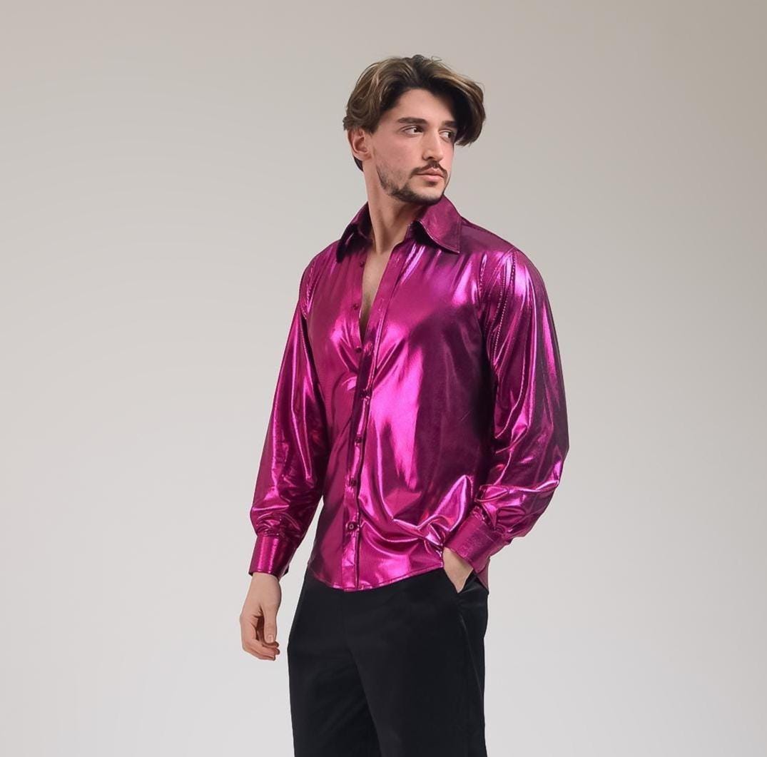 70s Hot Pink Man's Disco Shirt, Fuchsia Studio 54 Outfit, Men's