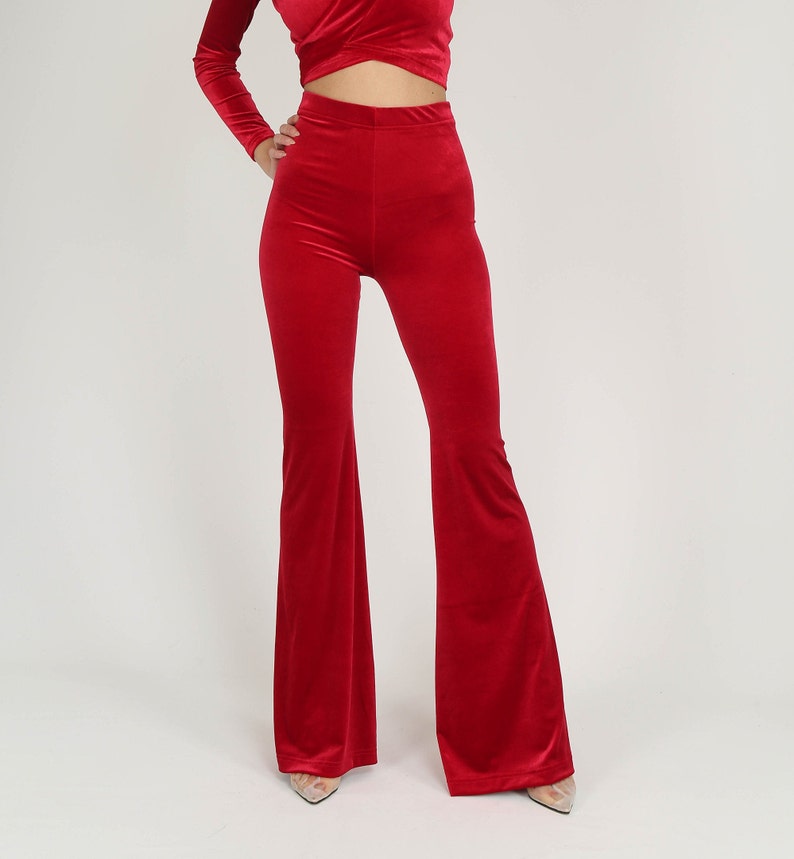 Red Velvet Pants-Red Tie Up Blouse,2 Piece Set,Boho Hippie Pants image 4