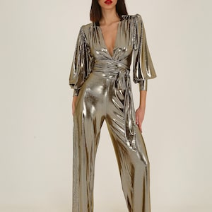 Gold Wide Leg Jumpsuit, Bright Studio 54 Outfit, Noble Jumpsuit, Party Clothes For Spouses, Deep V Design Jumpsuit, Receptions Guest Dress Long Sleeves