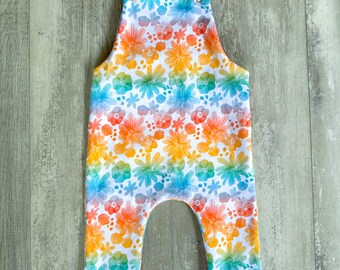 READY MADE floral dungarees, romper, overalls, GWM, bright, organic cotton baby/ toddler clothes