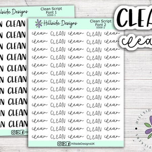 以下が含まれることがあります： 異なるフォントで「CLEAN」と書かれたステッカー用紙2枚。1枚目は太字のブロック体で「CLEAN」と書かれている。2枚目は筆記体で「CLEAN」と書かれている。シートには「Clean Script Font 1」と「Clean Script Font 2」のラベルが貼られている。