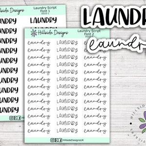 May include: A sheet of stickers featuring the word "LAUNDRY" in a variety of fonts and styles. The stickers are white with black lettering. The sheet is labelled "Hillside Designs" and includes the font numbers and names.