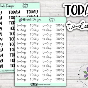 May include: A sheet of planner stickers featuring the word "TODAY" in a variety of fonts and styles. The stickers are black and white on a light blue background. The sheet also includes a small flower graphic and the text "Hillside Designs".