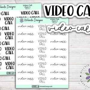 May include: A sheet of stickers featuring the phrase "Video Call" in various fonts and styles. The stickers are on a white background with a light green border. They are ideal for use in planners, journals, and other creative projects.