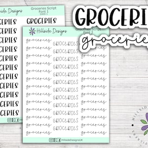 May include: A sheet of sticker paper with the word "Groceries" written in two different fonts. The stickers are designed for use in a planner or journal.